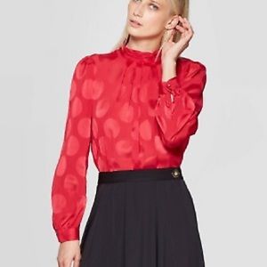 Who What Wear Women's Red Dot Long Sleeve Mock Turtleneck Pleated Button Blouse